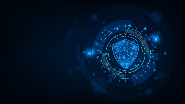 Escudo de concepto de seguridad de tecnología abstracta futurista en fondo azul oscuro