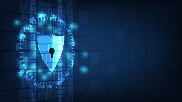 escudo digital con pantalla virtual en fondo azul oscuro concepto de tecnología de seguridad cibernética