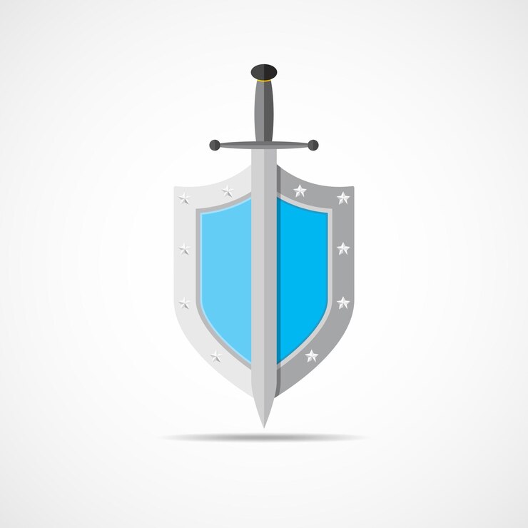 Vector escudo y espada en diseño plano ilustración vectorial