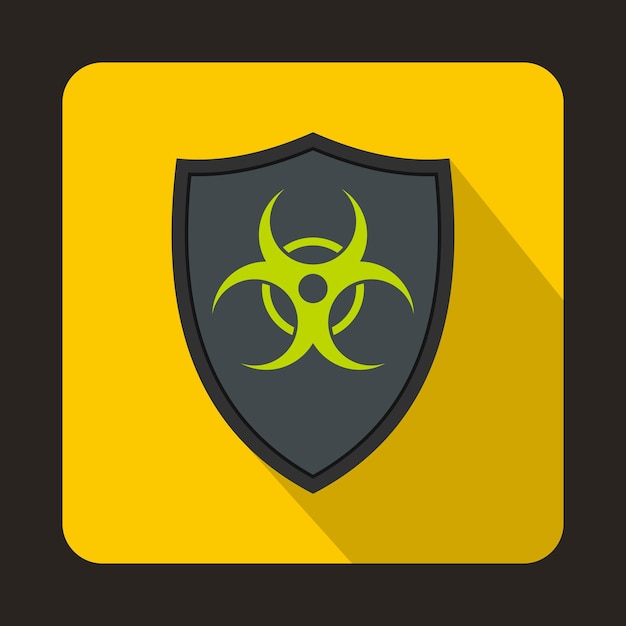Vector escudo gris con un icono de señal de peligro biológico en estilo plano sobre un fondo amarillo