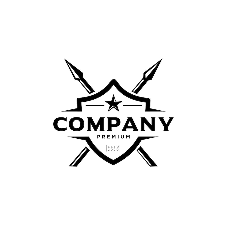 Vector escudo de guerrero y lanza de armadura logo design vintage retro