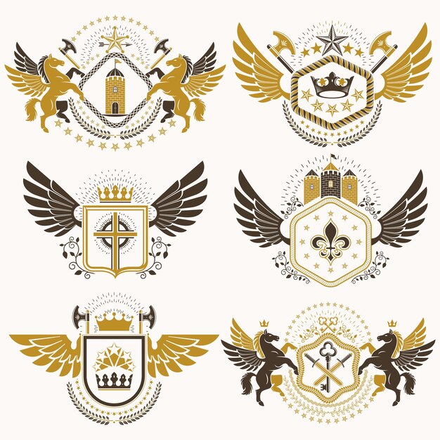 Escudo heráldico creado con elementos vectoriales antiguos, alas de pájaro, animales, torres, coronas y estrellas. Colección de emblemas simbólicos con clase, conjunto de vectores.