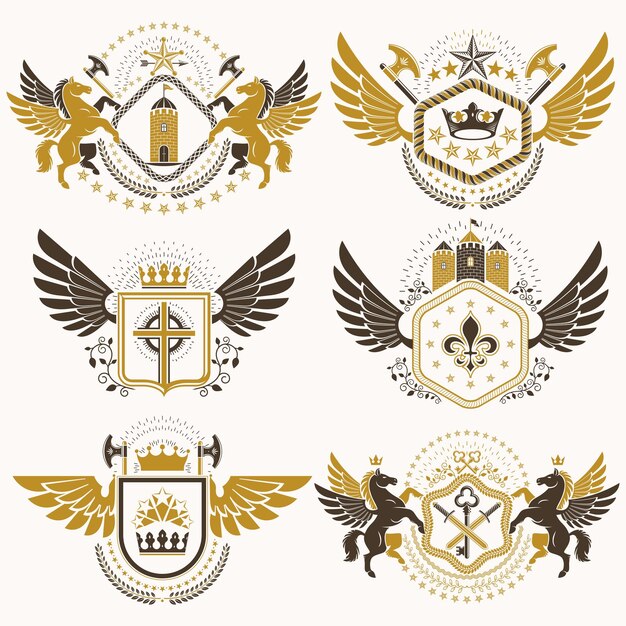 Vector escudo heráldico creado con elementos vectoriales antiguos, alas de pájaro, animales, torres, coronas y estrellas. colección de emblemas simbólicos con clase, conjunto de vectores.