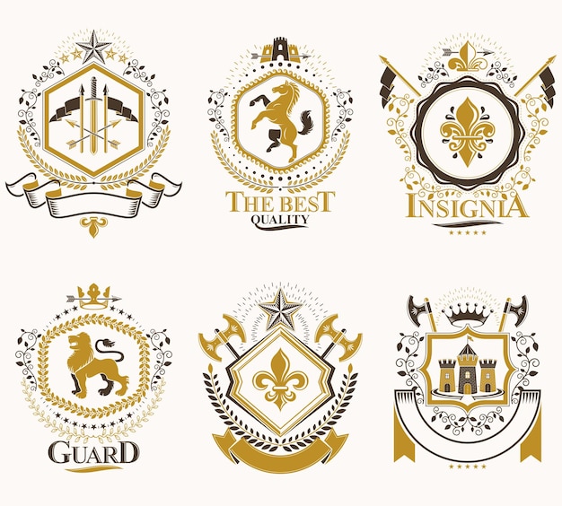 Escudo heráldico creado con elementos vectoriales antiguos, animales, torres, coronas y estrellas. Colección de emblemas simbólicos con clase, conjunto de vectores.