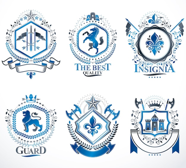 Escudo heráldico creado con elementos vectoriales antiguos, animales, torres, coronas y estrellas. Colección de emblemas simbólicos con clase, conjunto de vectores.