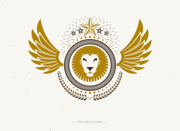 Escudo heráldico emblema decorativo con alas de pájaro, ilustración vectorial de león salvaje y estrellas pentagonales