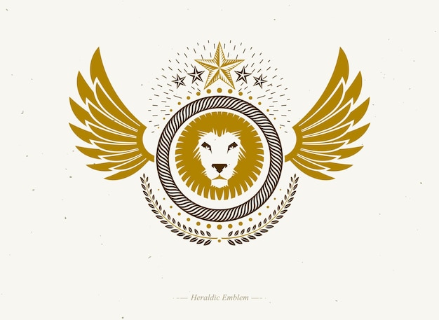 Vector escudo heráldico emblema decorativo con alas de pájaro, ilustración vectorial de león salvaje y estrellas pentagonales