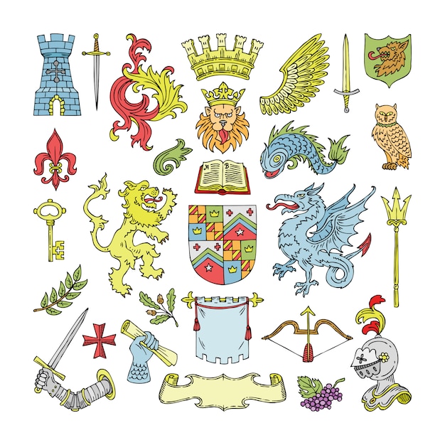 Escudo heráldico heraldico y heráldica emblema vintage de corona león o caballeros casco ilustración conjunto de insignias medievales reales corona de realeza sobre fondo blanco