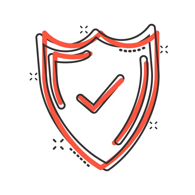 Escudo con icono de marca de verificación en estilo cómico Proteger ilustración de vector de dibujos animados sobre fondo blanco aislado Concepto de negocio de efecto de salpicadura de guardia de marca de verificación