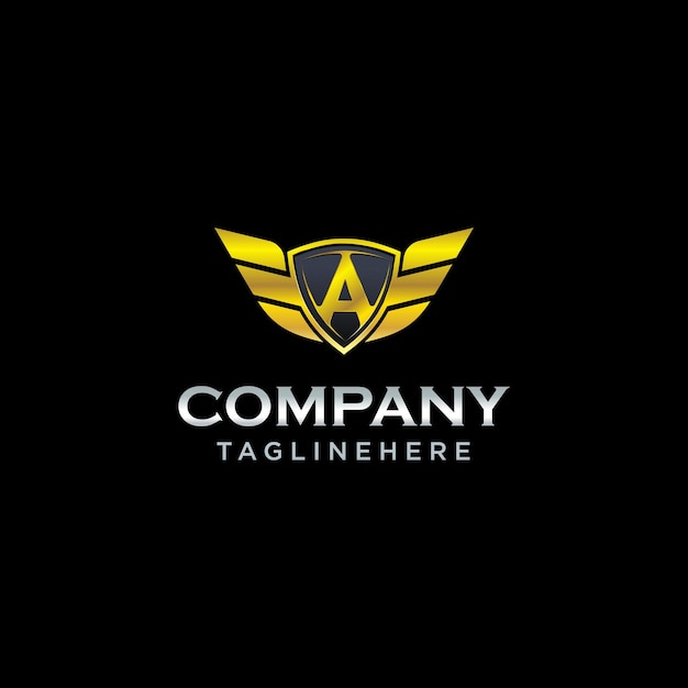 Escudo de letra A con vector de plantilla de concepto de diseño de logotipo de color dorado de alas