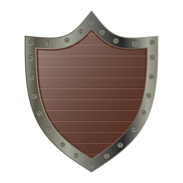 Escudo de madera con marco de acero Escudo medieval Escudo de dibujos animados Insignia de premio de UI Ilustración vectorial