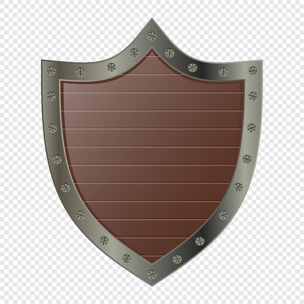 Escudo de madera con marco de acero Escudo medieval Escudo de dibujos animados Insignia de premio de UI Ilustración vectorial