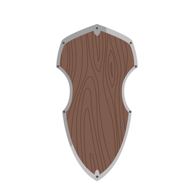 Escudo medieval de madera de roble con cresta de hierro y diseño de forma figurada aislado sobre fondo blanco