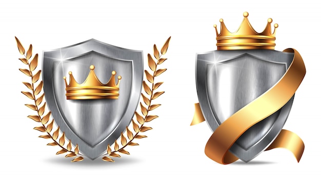 Escudo de metal con marcos. panel metálico de acero plateado en blanco con corona de oro, cinta y hojas de trofeo o plantilla de certificado aislado sobre fondo blanco.