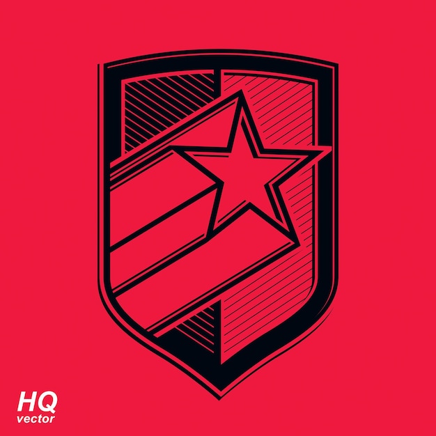 Escudo militar vectorial con estrella de cometa pentagonal, blasón de sheriff heráldico de protección. símbolo conceptual comunista de la urss. escudo de armas gráfico de las fuerzas. tema de la unión soviética.