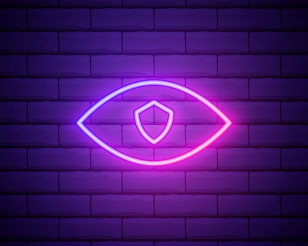 Escudo de neón brillante e icono de ojo aislado en el fondo de la pared de ladrillo Concepto de privacidad de protección de seguridad Ilustración vectorial