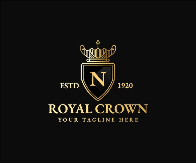 Vector escudo de oro real corona rey reina plantilla de logotipo majestuosa corona y silueta de tiara de lujo