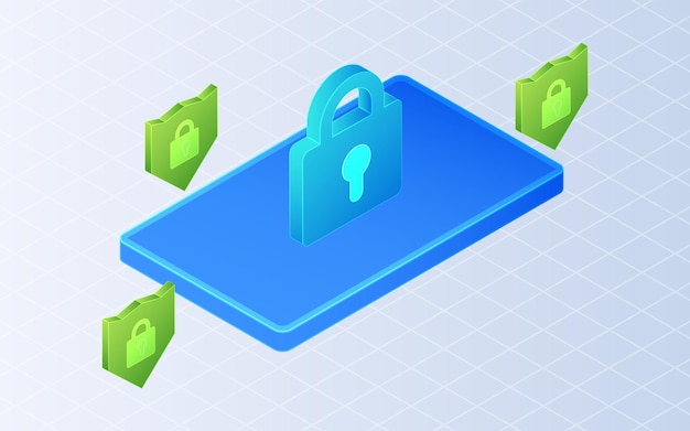 Escudo de protección cibernética de privacidad isométrica y teléfono sobre fondo blanco
