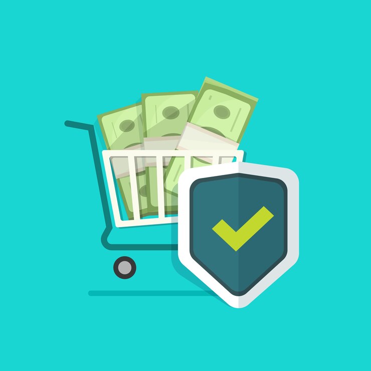 Vector escudo de protección de seguro en línea de compras de dinero