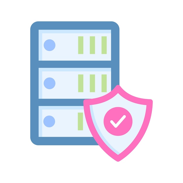 Escudo de protección con servidores de base de datos que muestra el concepto de icono plano de seguridad de la base de datos de servidor seguro