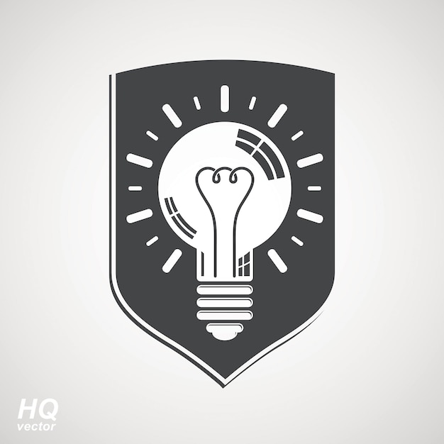 Escudo de protección con símbolo de bombilla eléctrica. Icono conceptual de tormenta de cerebro vectorial - tema de solución de problemas corporativos. Elemento de diseño de idea de negocio. Emblema gráfico de información web.