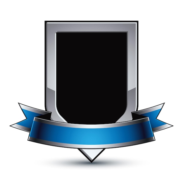Escudo de protección vectorial elegante negro con contorno plateado y cinta azul ondulada, elemento de diseño gris sofisticado 3d, emblema EPS 8 transparente.