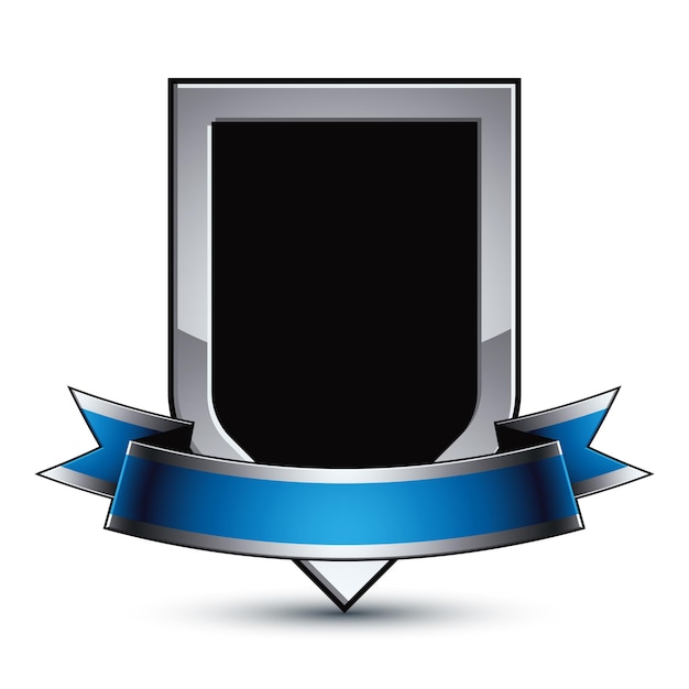 Vector escudo de protección vectorial elegante negro con contorno plateado y cinta azul ondulada, elemento de diseño gris sofisticado 3d, emblema eps 8 transparente.