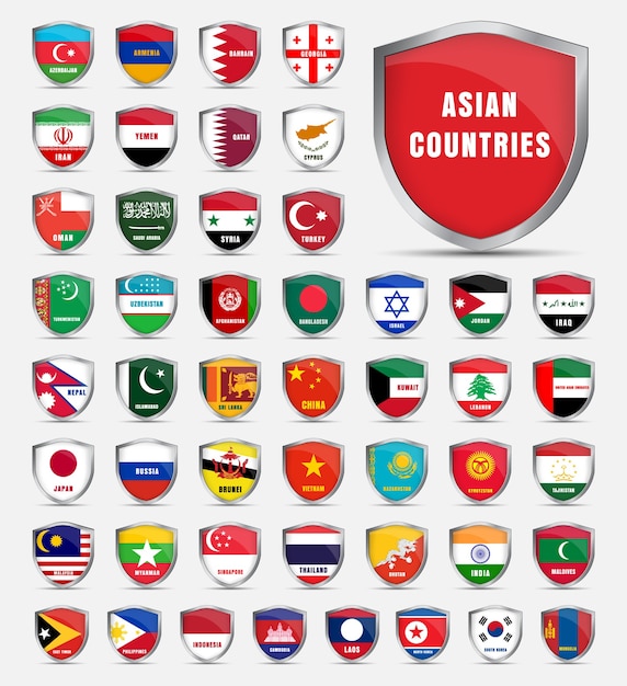 Escudo protector con banderas y el nombre de los países de asia. establecer escudos