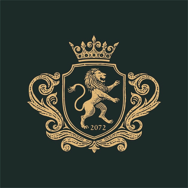 Escudo real de león con corona Logotipo heráldico de oro elegante