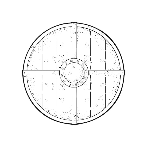 Vector escudo redondo de madera con borde de hierro ilustración de grabado en negro vectorial vintage aislado en fondo blanco elemento de diseño dibujado a mano para tatuaje de etiqueta de afiche