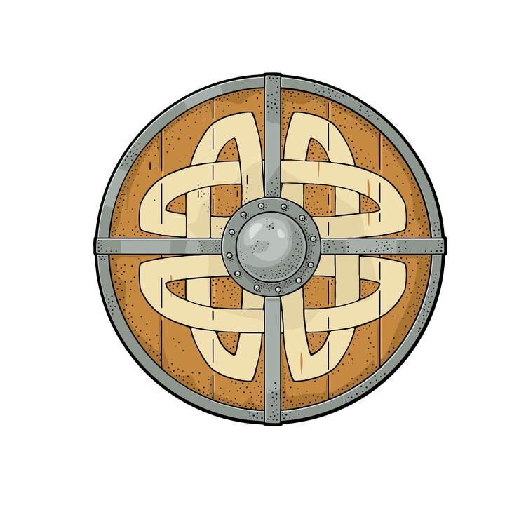 Vector escudo redondo de madera con runas vikingas ilustración de grabado de color vectorial vintage aislado sobre fondo blanco elemento de diseño dibujado a mano para tatuaje de etiqueta de cartel