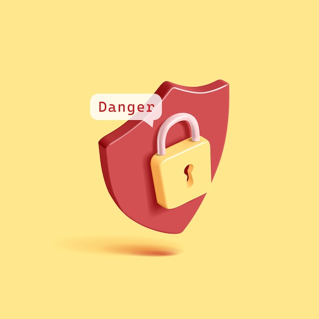 Escudo rojo bloqueo amarillo icono realista en 3D advertencia de peligro Protección y seguridad Ilustración vectorial