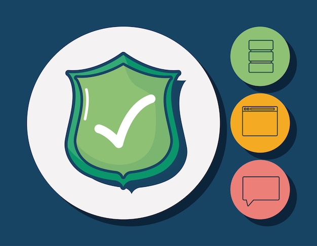 Escudo y seguridad cibernética relacionados con iconos alrededor de círculos y fondo azul