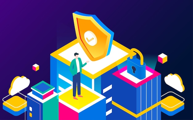 Escudo de seguridad de datos de Internet con computadoras y personas alrededor del edificio por encima del vector
