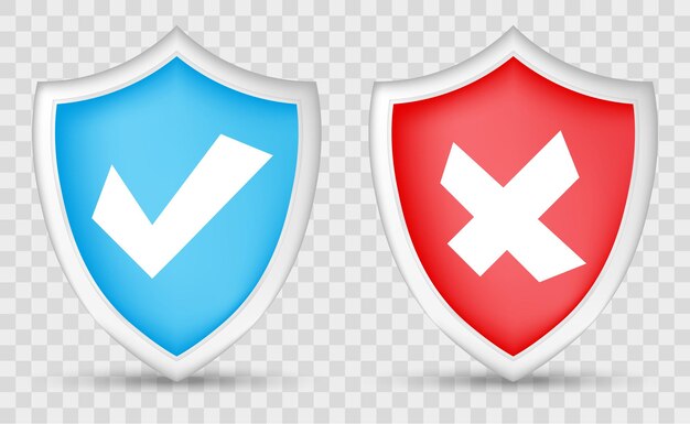 Escudo de seguridad con marca de verificación y cruz. Escudo de seguridad 3d.Vector