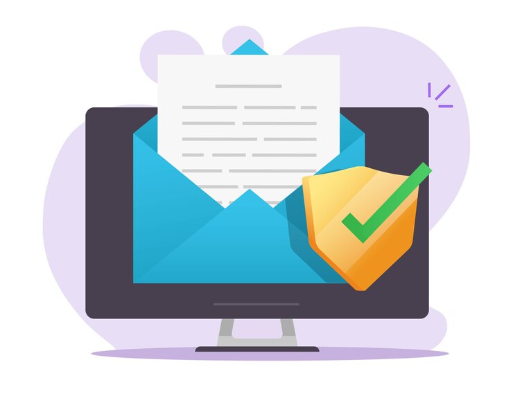 Vector escudo seguro de documentos digitales de correo electrónico en línea en el icono de la computadora de escritorio en la protección de archivos de texto de cartas de correo electrónico
