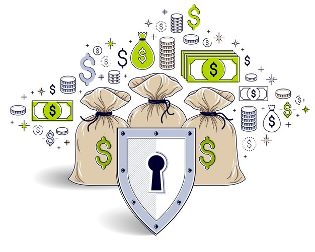 Escudo sobre bolsas de dinero, seguro de ahorro, negocio seguro, concepto de protección financiera, créditos de inversión e idea de banca de depósito, diseño vectorial.