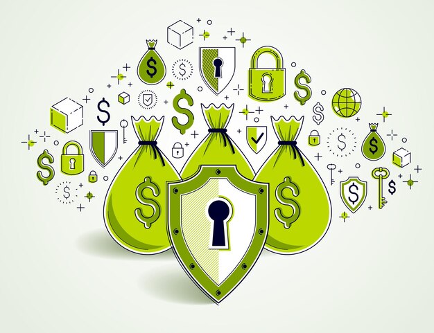 Escudo sobre bolsas de dinero, seguro de ahorro, negocio seguro, concepto de protección financiera, créditos de inversión e idea de banca de depósito, diseño vectorial.
