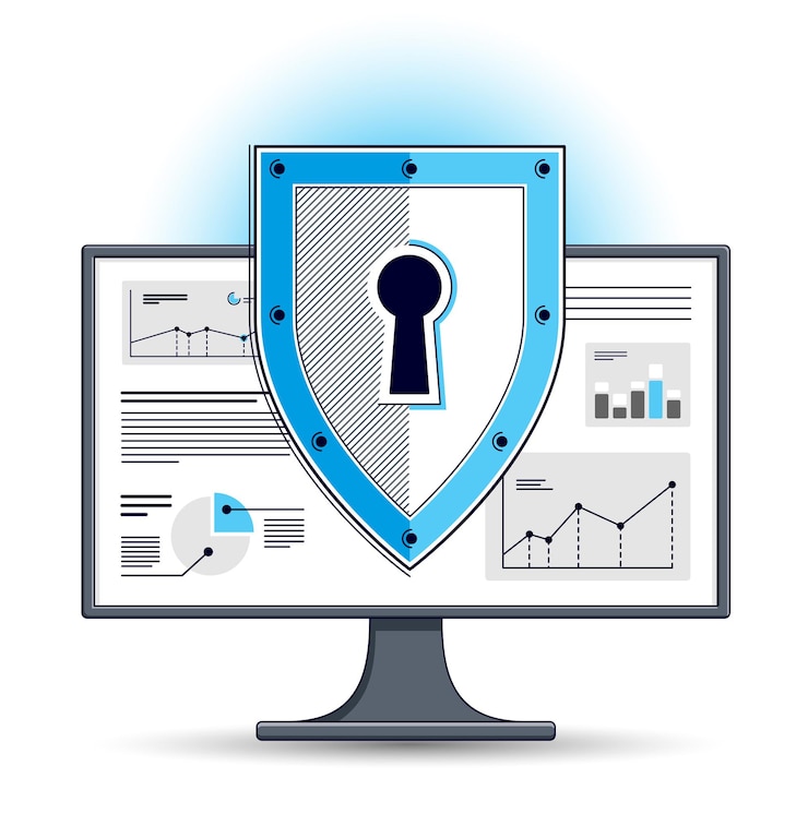 Vector escudo sobre el monitor de la computadora, concepto de seguridad de datos privados, antivirus o cortafuegos, protección financiera, diseño de línea delgada vectorial, los elementos se pueden usar por separado.