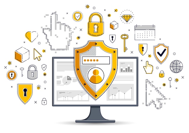 Escudo sobre el monitor de la computadora y conjunto de iconos, concepto de seguridad de datos privados, antivirus o cortafuegos, protección financiera, diseño de línea delgada plana vectorial, los elementos se pueden utilizar por separado.