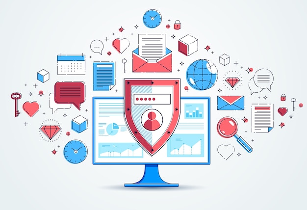 Escudo sobre el monitor de la computadora y conjunto de iconos, concepto de seguridad de datos privados, antivirus o cortafuegos, protección financiera, diseño de línea delgada plana vectorial, los elementos se pueden utilizar por separado.