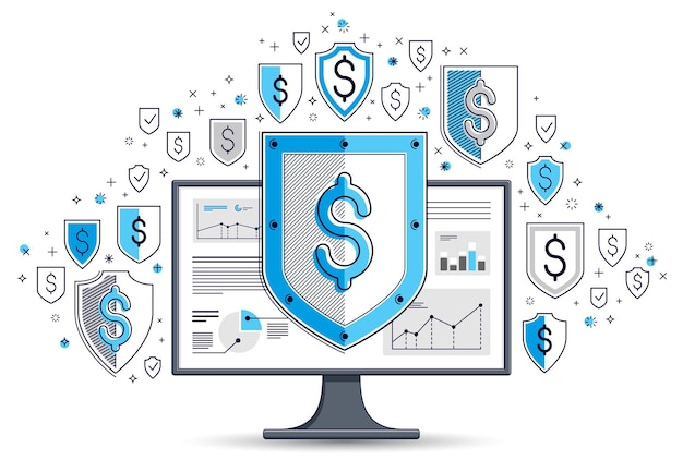 Escudo sobre el monitor de la computadora y el conjunto de iconos del dólar, el concepto de seguridad financiera de Internet, la protección de las finanzas en línea, el diseño de la delgada línea vectorial, los elementos se pueden usar por separado.