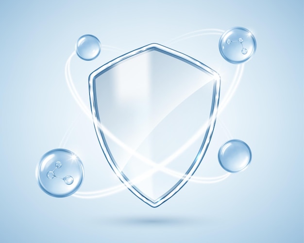 Escudo transparente brillante con moléculas de hialurónico Concepto de protección para el cuidado de la piel Ilustración vectorial
