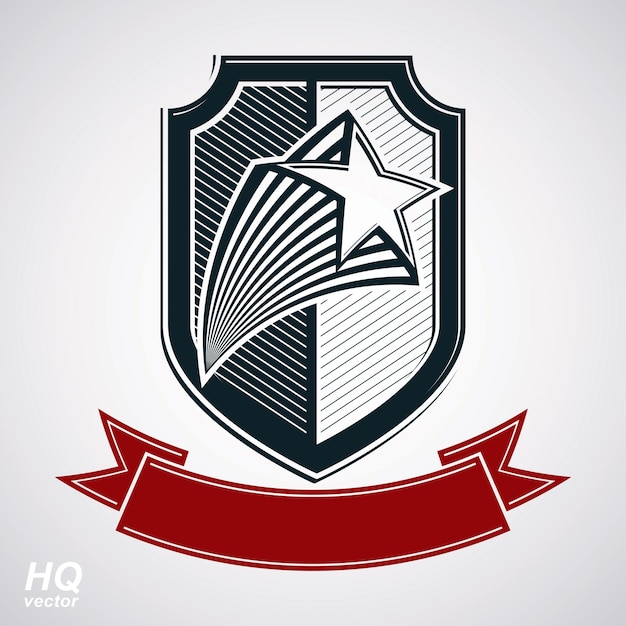 Escudo vectorial con estrella de cometa pentagonal y banda curva decorativa, blasón de sheriff heráldico de protección con cinta roja. Símbolo conceptual del socialismo de la urss. Premio, escudo de armas gráfico.