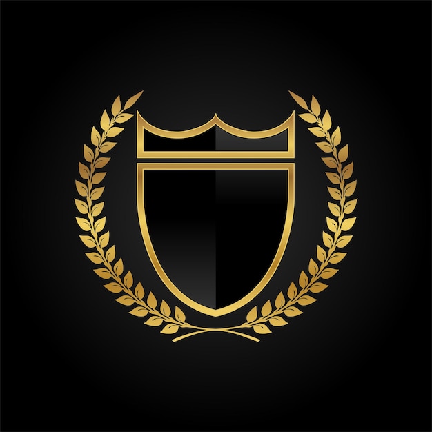 Escudo de vidrio negro con vector de corona de laurel dorado