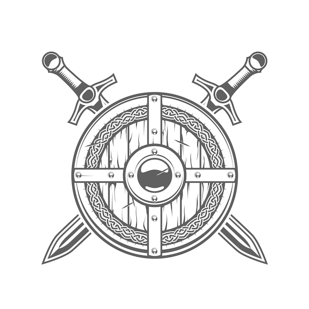 Escudo vikingo redondo con patrón celta y dos espadas cruzadas, emblema de caballero medieval con armadura