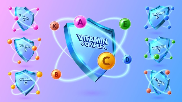 Escudo de vitamina Complejo multivitamínico para la etiqueta de protección de la salud para las vitaminas ABCDE y K conjunto de ilustraciones vectoriales