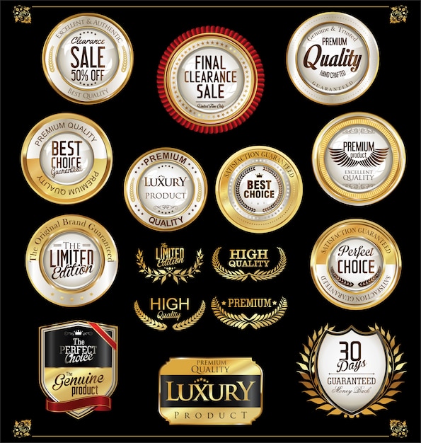 Escudos dorados laurel coronas y distintivos de colección.