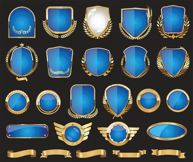Escudos de oro corona de laurel insignia y etiquetas colección de diseño retro