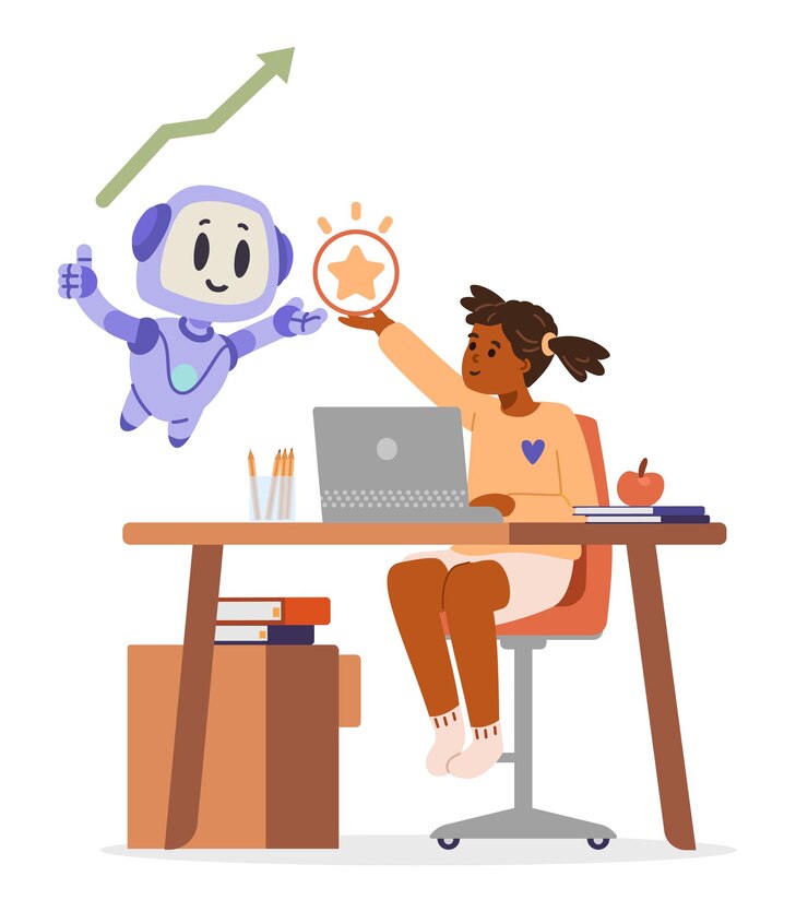 Vector escuela afroamericana sentada en el escritorio con una computadora portátil tomando la estrella de un robot ai